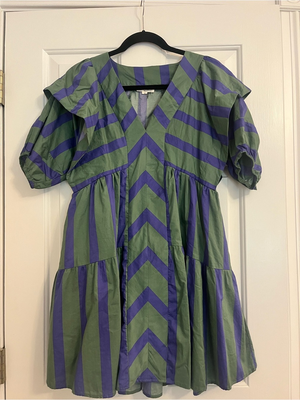 Entro Green and Blue Striped V-Neck Tiered Casual Dress